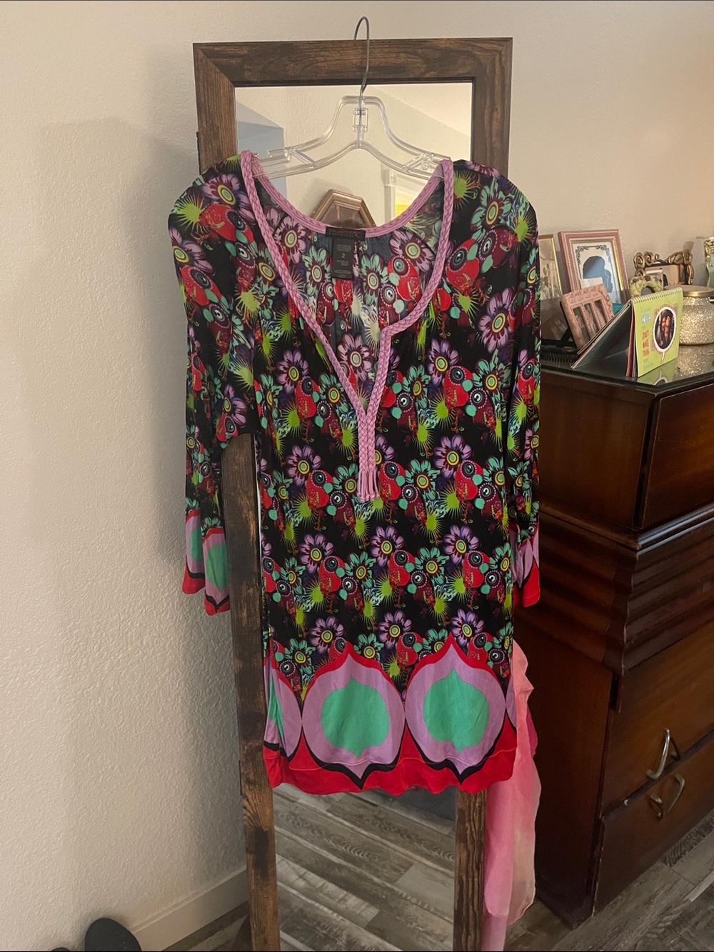 Black Floral-Print Tunic with Pink Trim